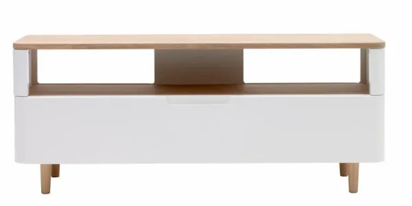 Grandeur TV-Tisch, mit 1 Schublade - weißes MDF und weiß geöltes Eichenfurnier/Eiche (120x40)